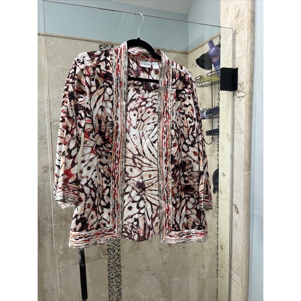 Chico's 1 M Silk Cotton Kimono Jacket Red Ivory Abstract Open Front Cardigan
